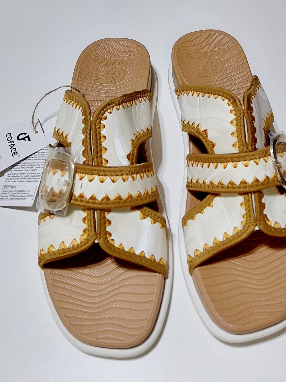 COFACE Women's White and Khaki  Orthotic Flat Slide Sandals Size 11
